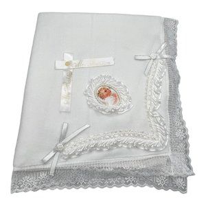 My Baptism Blanket White Christening Blanket Cotton/Fleece With Lace Trim